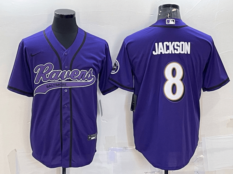 Men’s Baltimore Ravens #8 Lamar Jackson Purple With Patch Cool Base Stitched Baseball Jersey