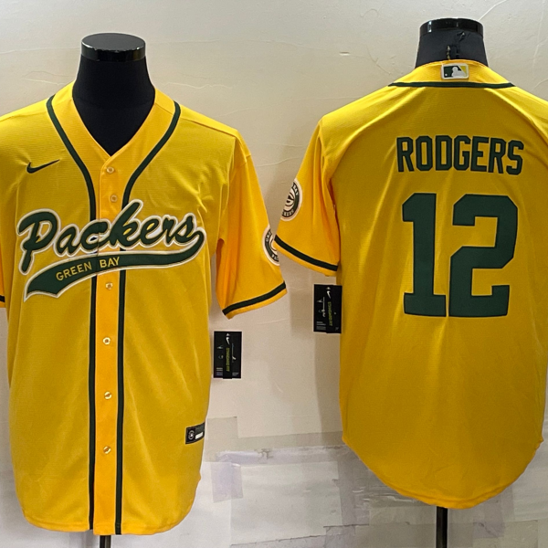 Men’s Green Bay Packers #12 Aaron Rodgers Yellow Stitched MLB Cool Base Nike Baseball Jersey