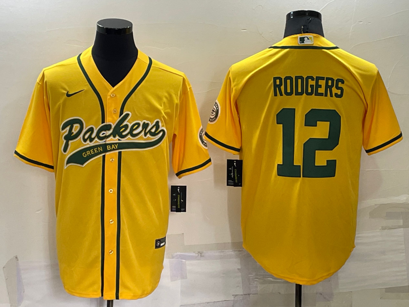 Men’s Green Bay Packers #12 Aaron Rodgers Yellow Stitched MLB Cool Base Nike Baseball Jersey