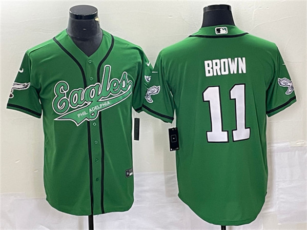 Men’s Philadelphia Eagles #11 A. J. Brown Green Cool Base Baseball Stitched Jersey