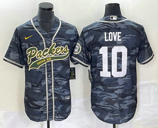 Men’s Green Bay Packers #10 Jordan Love Grey Camo With Patch Cool Base Stitched Baseball Jersey