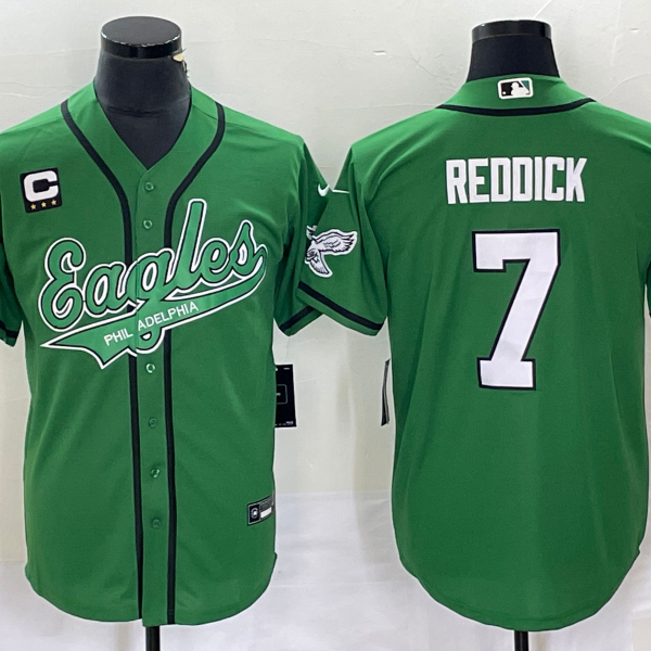 Men’s Philadelphia Eagles #7 Haason Reddick Green C Patch Cool Base Stitched Baseball Jersey