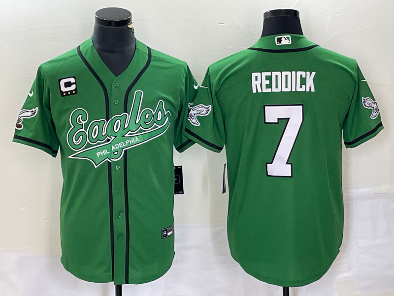 Men’s Philadelphia Eagles #7 Haason Reddick Green C Patch Cool Base Stitched Baseball Jersey