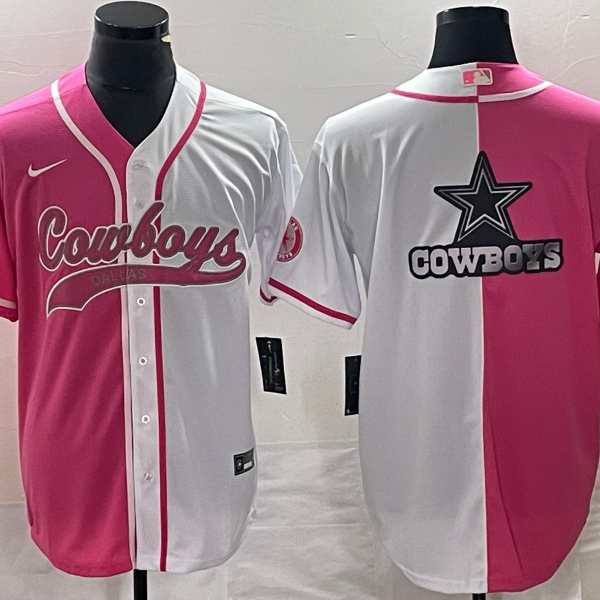 Men’s Dallas Cowboys Pink White Split Team Big Logo Cool Base Stitched Baseball Jersey