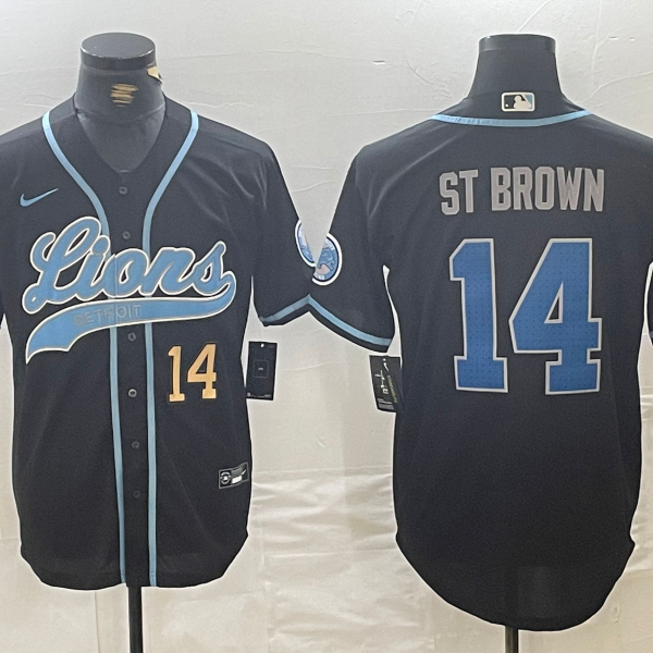 Men’s Detroit Lions #14 Amon-Ra St. Brown Number Black Cool Base Stitched Baseball Jersey