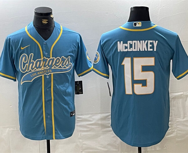 Men’s Los Angeles Chargers #15 Ladd McConkey Blue Cool Base Stitched Baseball Jersey