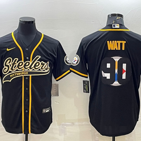 Men’s Pittsburgh Steelers #90 TJ Watt Black Team Big Logo With Patch Cool Base Stitched Baseball Jersey