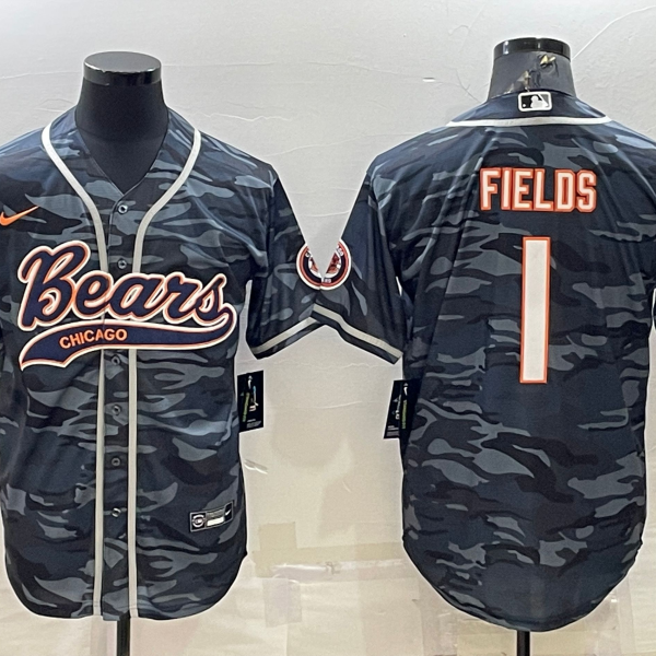 Men’s Chicago Bears Blank #1 Justin Fields Grey Camo With Patch Cool Base Stitched Baseball Jersey