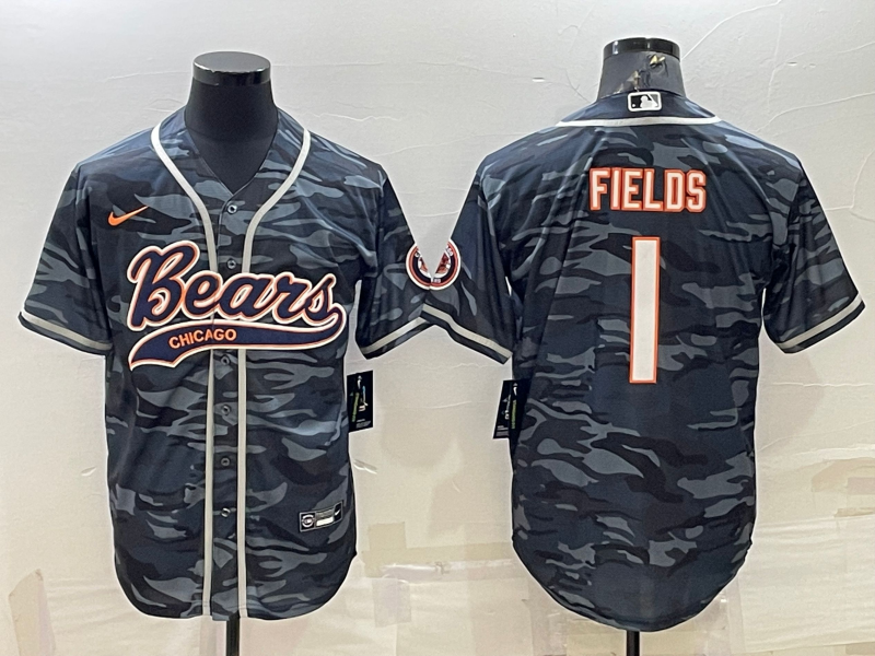 Men’s Chicago Bears Blank #1 Justin Fields Grey Camo With Patch Cool Base Stitched Baseball Jersey