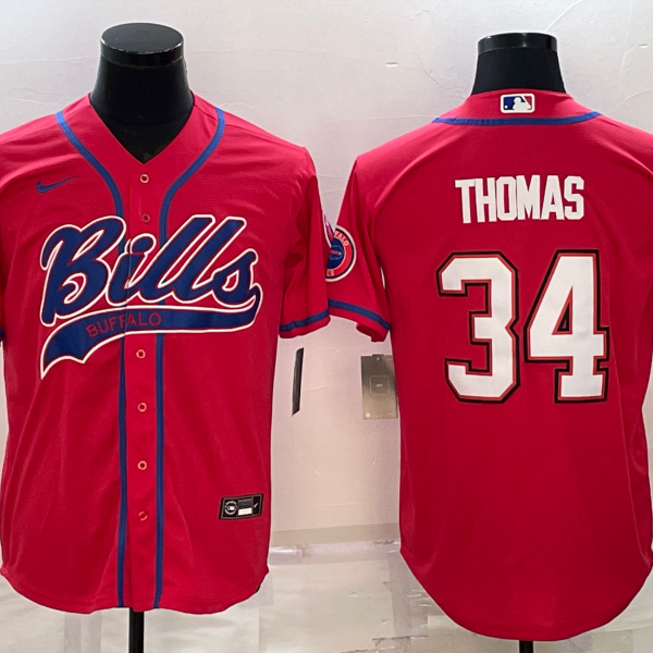 Men’s Buffalo Bills #34 Thurman Thomas Red With Patch Cool Base Stitched Baseball Jersey