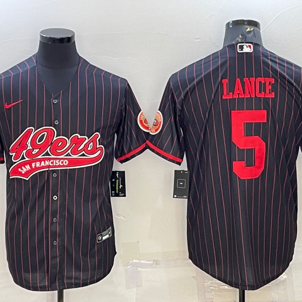 Men’s San Francisco 49ers #5 Trey Lance Black With Patch Cool Base Stitched Baseball Jersey