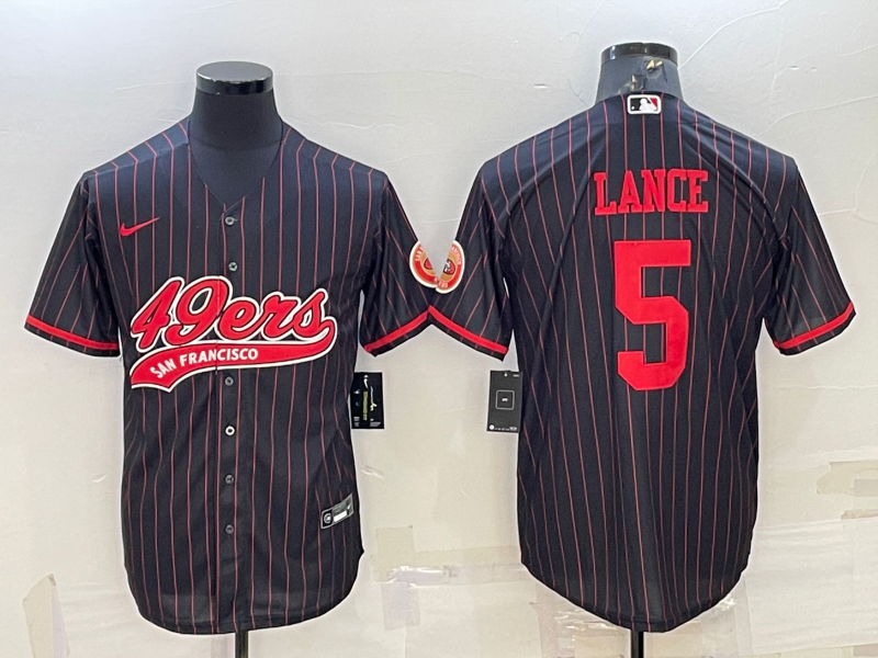 Men’s San Francisco 49ers #5 Trey Lance Black With Patch Cool Base Stitched Baseball Jersey