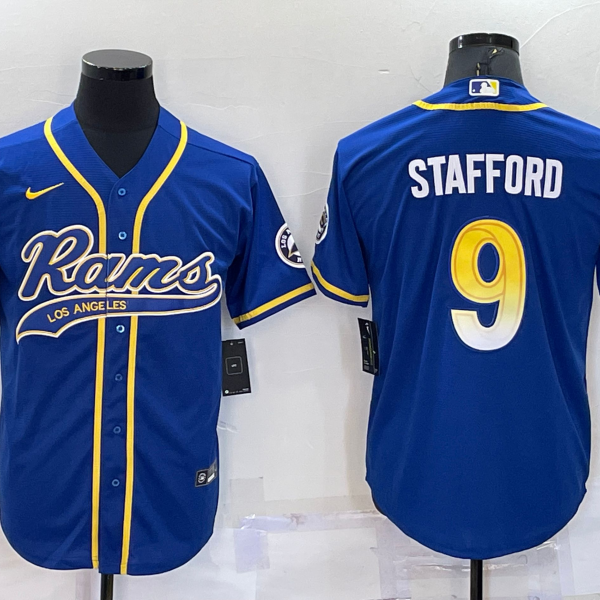 Men’s Los Angeles Rams #9 Matthew Stafford Royal With Patch Cool Base Stitched Baseball Jersey