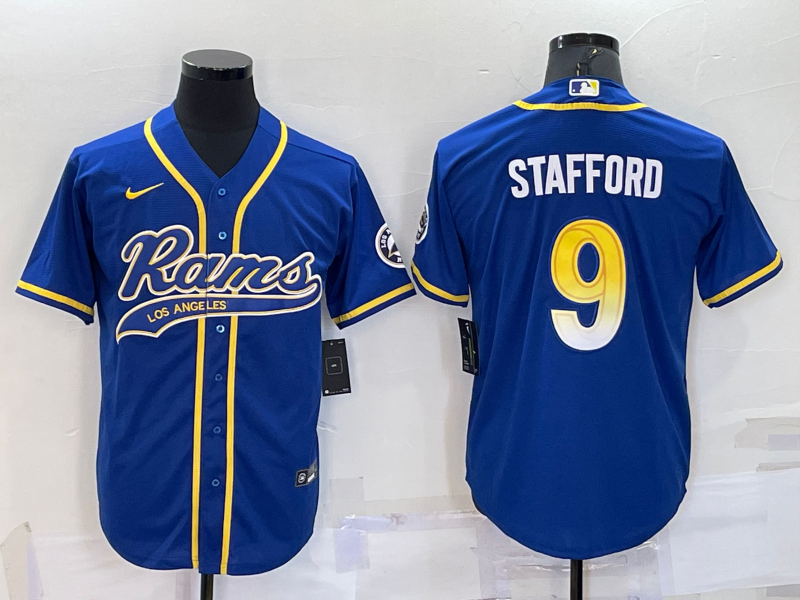 Men’s Los Angeles Rams #9 Matthew Stafford Royal With Patch Cool Base Stitched Baseball Jersey