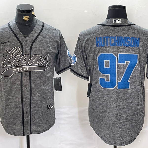 Men’s Detroit Lions #97 Aidan Hutchinson Grey Gridiron With Patch Cool Base Stitched Baseball Jersey