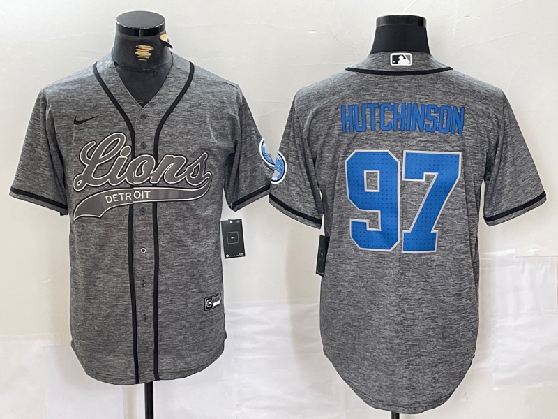 Men’s Detroit Lions #97 Aidan Hutchinson Grey Gridiron With Patch Cool Base Stitched Baseball Jersey
