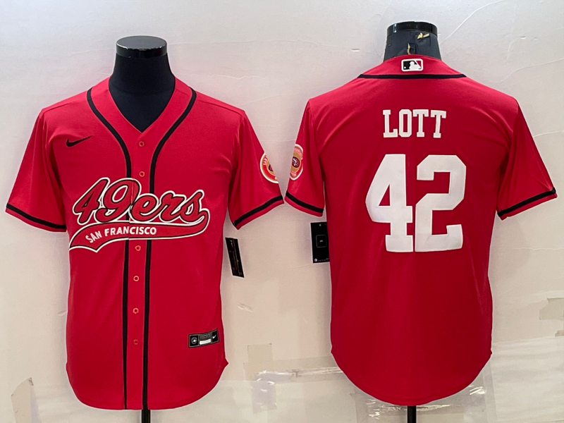 Men’s San Francisco 49ers #42 Ronnie Lott Red With Patch Cool Base Stitched Baseball Jersey
