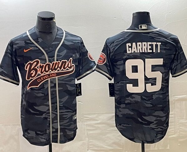 Men’s Cleveland Browns #95 Myles Garrett Gray Camo With Patch Cool Base Stitched Baseball Jersey