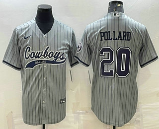 Men’s Dallas Cowboys #20 Tony Pollard Grey Pinstripe With Patch Cool Base Stitched Baseball Jersey
