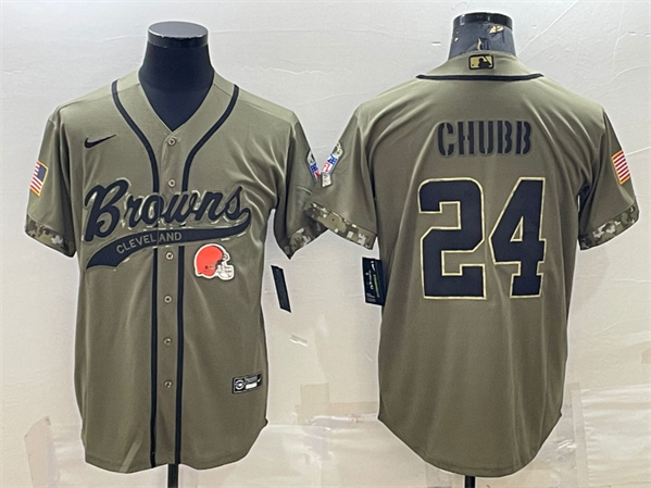 Men’s Cleveland Browns #24 Nick Chubb Olive 2022 Salute To Service Cool Base Stitched Baseball Jersey
