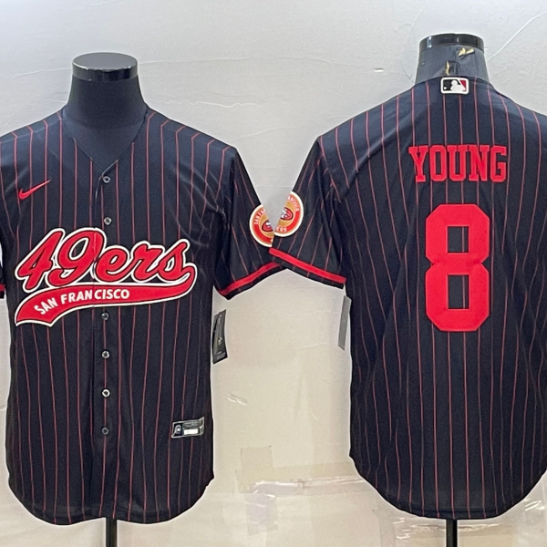Men’s San Francisco 49ers #8 Steve Young Black Pinstripe With Patch Cool Base Stitched Baseball Jersey