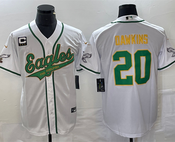 Men’s Philadelphia Eagles #20 Brian Dawkins White Gold With C Patch Cool Base Stitched Baseball Jersey