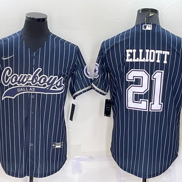 Men’s Dallas Cowboys #21 Ezekiel Elliott Navy Blue Pinstripe With Patch Cool Base Stitched Baseball Jersey