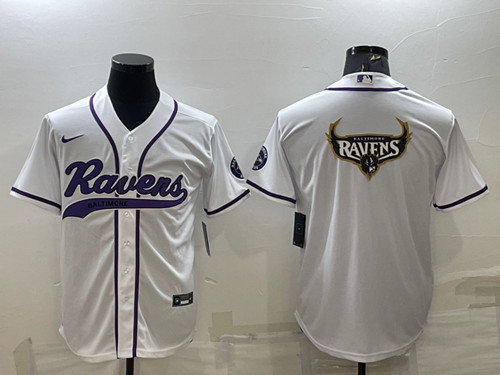 Men’s Baltimore Ravens White Team Big Logo With Patch Cool Base Stitched Baseball Jersey