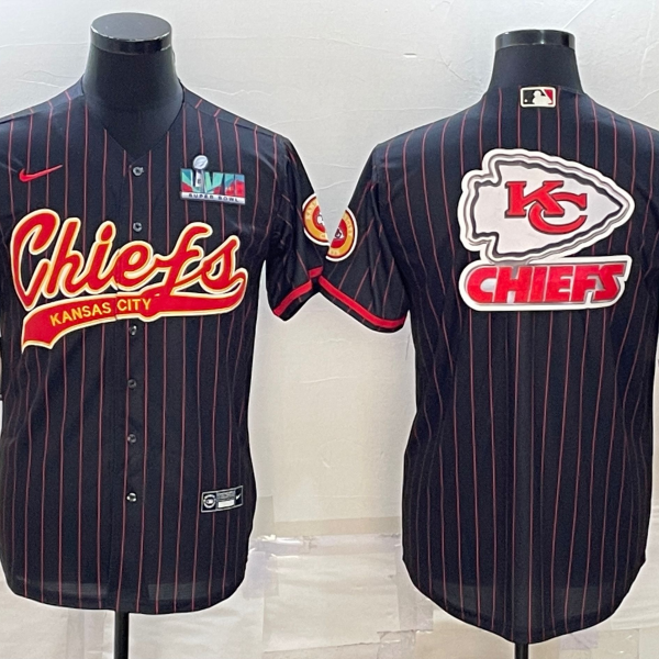Men’s Kansas City Chiefs Black Team Big Logo With Super Bowl LVII Patch Cool Base Stitched Baseball Jersey