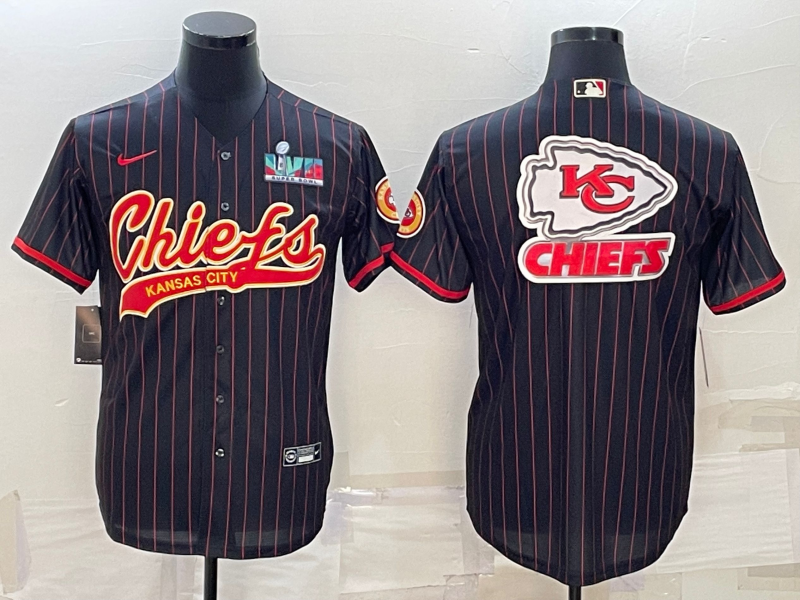 Men’s Kansas City Chiefs Black Team Big Logo With Super Bowl LVII Patch Cool Base Stitched Baseball Jersey