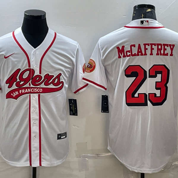 Men’s San Francisco 49ers #23 Christian McCaffrey New White With Patch Cool Base Stitched Baseball Jersey