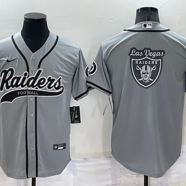 Men’s Las Vegas Raiders Grey Team Big Logo With Patch Cool Base Stitched Baseball Jersey