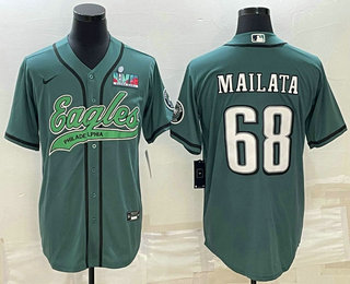 Men’s Philadelphia Eagles #68 Jordan Mailata Green With Super Bowl LVII Patch Cool Base Stitched Baseball Jersey