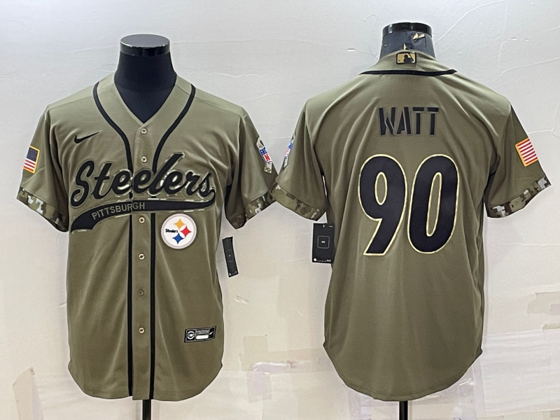 Men’s Pittsburgh Steelers #90 TJ Watt Olive 2022 Salute to Service Cool Base Stitched Baseball Jersey