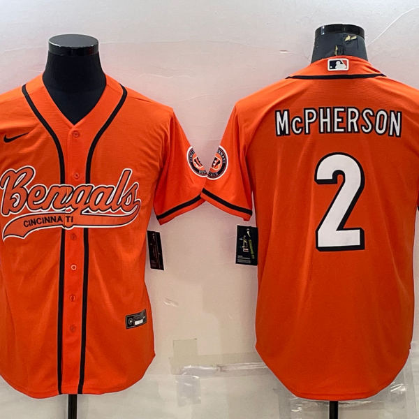 Men’s Cincinnati Bengals #2 Evan McPherson Orange With Patch Cool Base Stitched Baseball Jersey