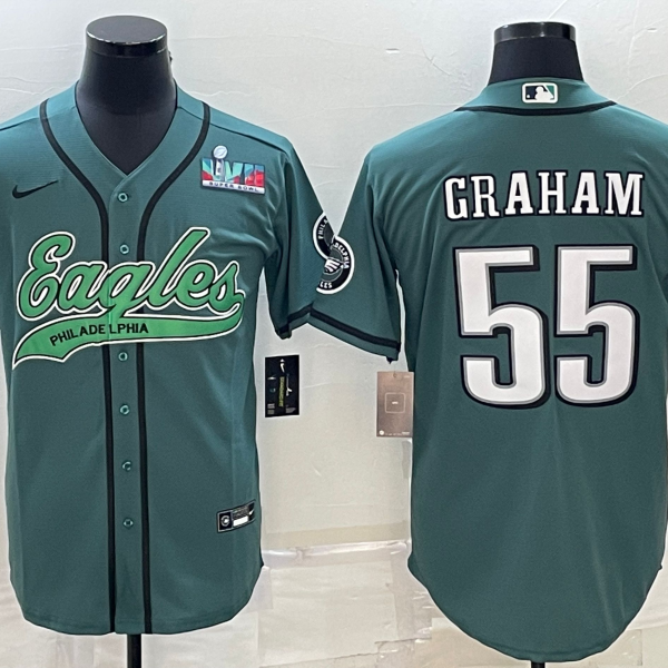 Men’s Philadelphia Eagles #55 Brandon Graham Green With Super Bowl LVII Patch Cool Base Stitched Baseball Jersey