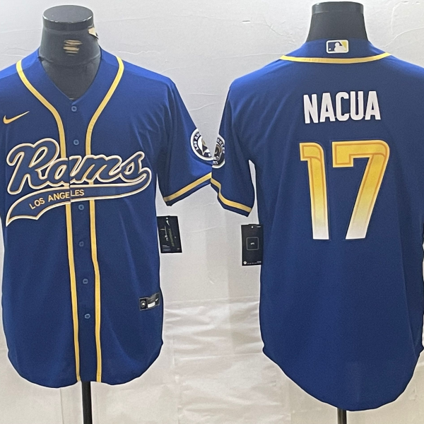 Men’s Los Angeles Rams #17 Puka Nacua Royal With Patch Cool Base Stitched Baseball Jersey