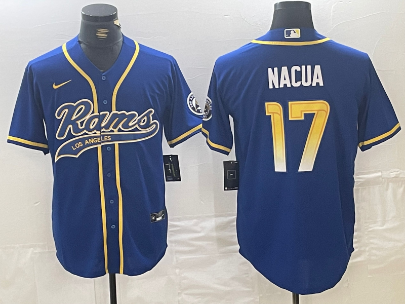Men’s Los Angeles Rams #17 Puka Nacua Royal With Patch Cool Base Stitched Baseball Jersey