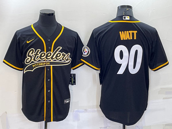 Men’s Pittsburgh Steelers #90 T.J. Watt Black With Patch Cool Base Stitched Baseball Jersey