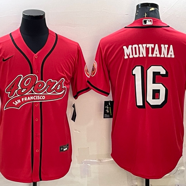 Men’s San Francisco 49ers #16 Joe Montana Red Color Rush With Patch Cool Base Stitched Baseball Jersey