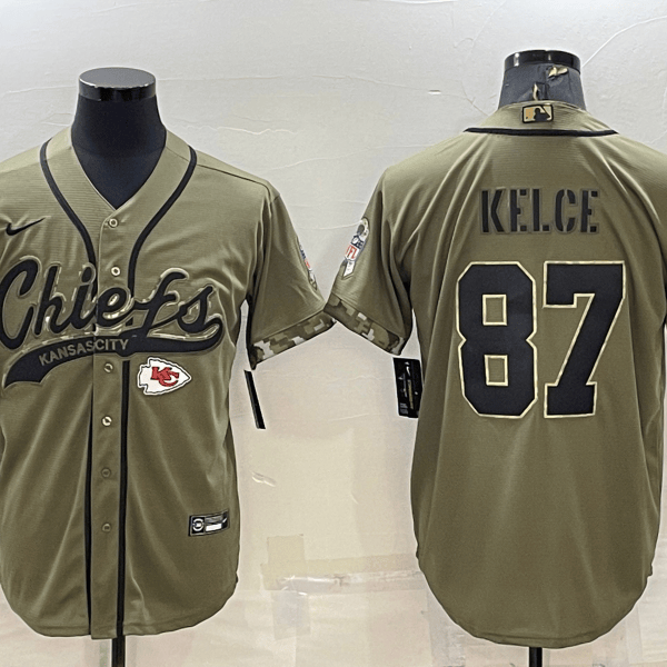 Men’s Kansas City Chiefs #87 Travis Kelce 2022 Olive Salute to Service Cool Base Stitched Baseball Jersey