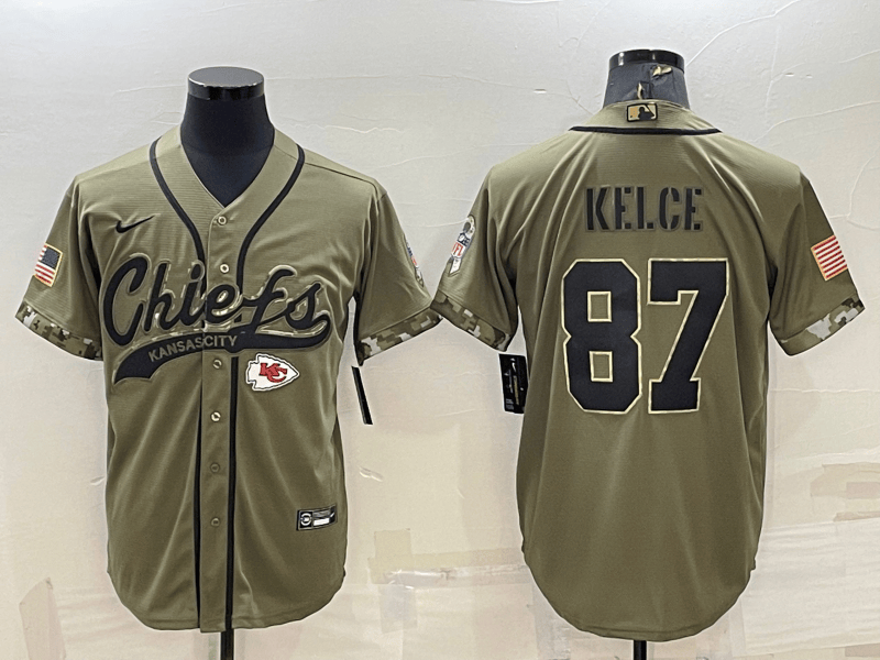 Men’s Kansas City Chiefs #87 Travis Kelce 2022 Olive Salute to Service Cool Base Stitched Baseball Jersey