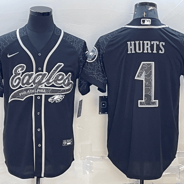 Men’s Philadelphia Eagles #1 Jalen Hurts Black Reflective With Patch Cool Base Stitched Baseball Jersey