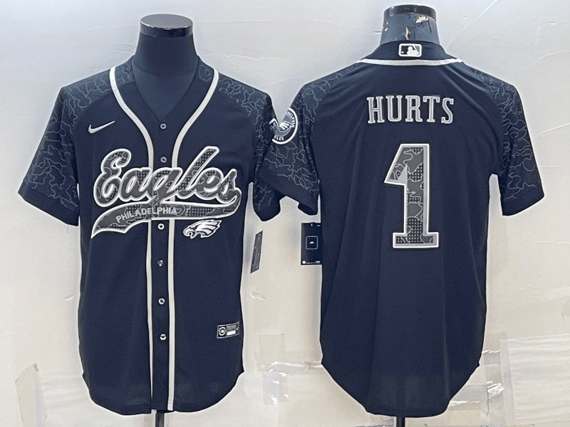 Men’s Philadelphia Eagles #1 Jalen Hurts Black Reflective With Patch Cool Base Stitched Baseball Jersey
