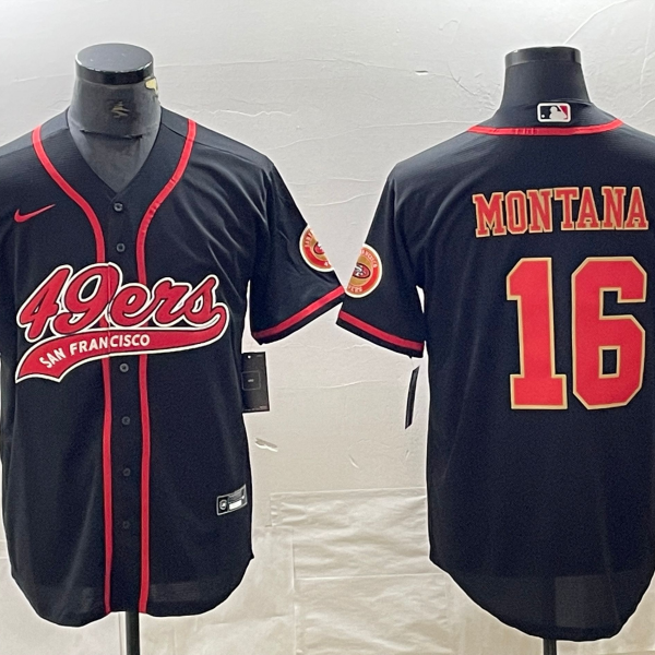 Men’s San Francisco 49ers #16 Joe Montana Black Red With Patch Cool Base Stitched Baseball Jersey