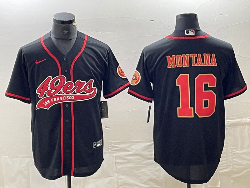 Men’s San Francisco 49ers #16 Joe Montana Black Red With Patch Cool Base Stitched Baseball Jersey