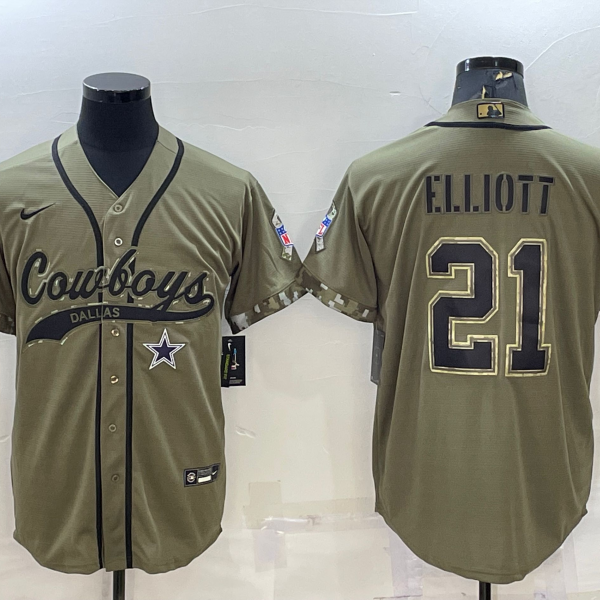 Men’s Dallas Cowboys #21 Ezekiel Elliott 2022 Olive Salute to Service Cool Base Stitched Baseball Jersey