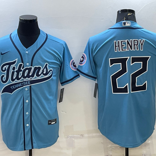 Men’s Tennessee Titans #22 Derrick Henry Blue With Patch Cool Base Stitched Baseball Jersey