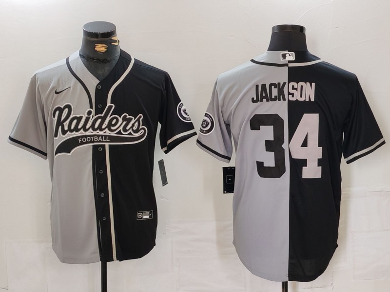 Men’s Las Vegas Raiders #34 Bo Jackson Grey Black Split Cool Base Stitched Baseball Jersey
