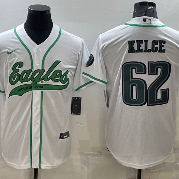 Men’s Philadelphia Eagles #62 Jason Kelce White With Patch Cool Base Stitched Baseball Jersey